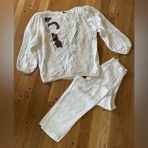 Vintage 80s Chal Var White Woven Pullover Outfit Pants Set Made Italy Women M